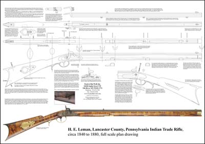 Plan Drawing,
exact full size line art, dimensions, and color photos,
taken from our original antique
Henry E. Leman Trade Rifle